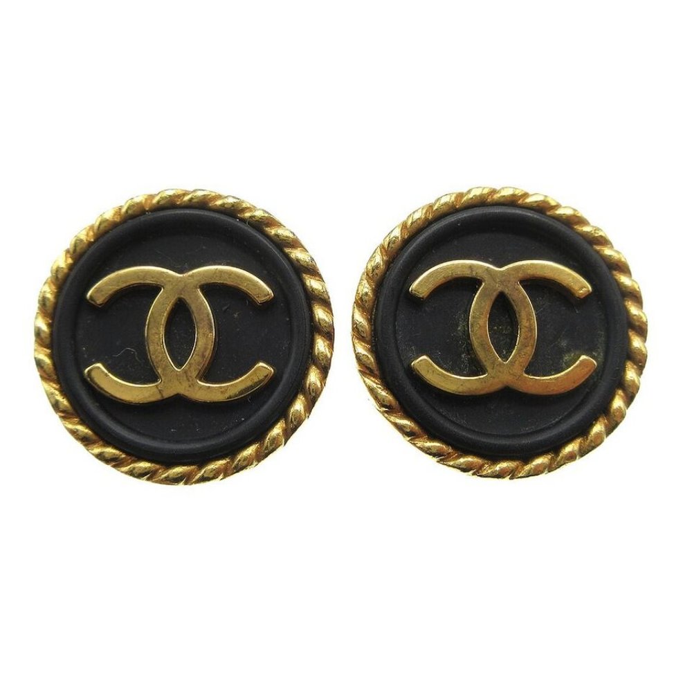 Chanel Button Earrings Clip-On Black 96P 120632